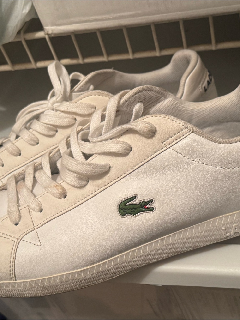 Lacoste White Leather Low-Top Sneakers with Green Crocodile Accent